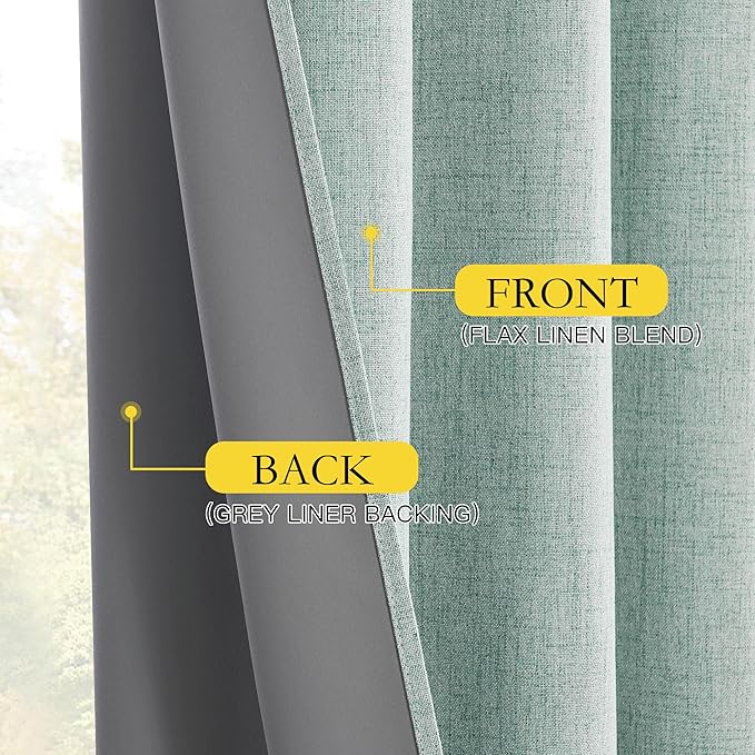 NICETOWN 100% Absolutely Blackout Linen Curtains with Thermal Insulated Liner, Seafoam Green, 62" Wide, 102" Length Energy Saving Curtains for Living Room 2 Panels Set, Vertical Blinds