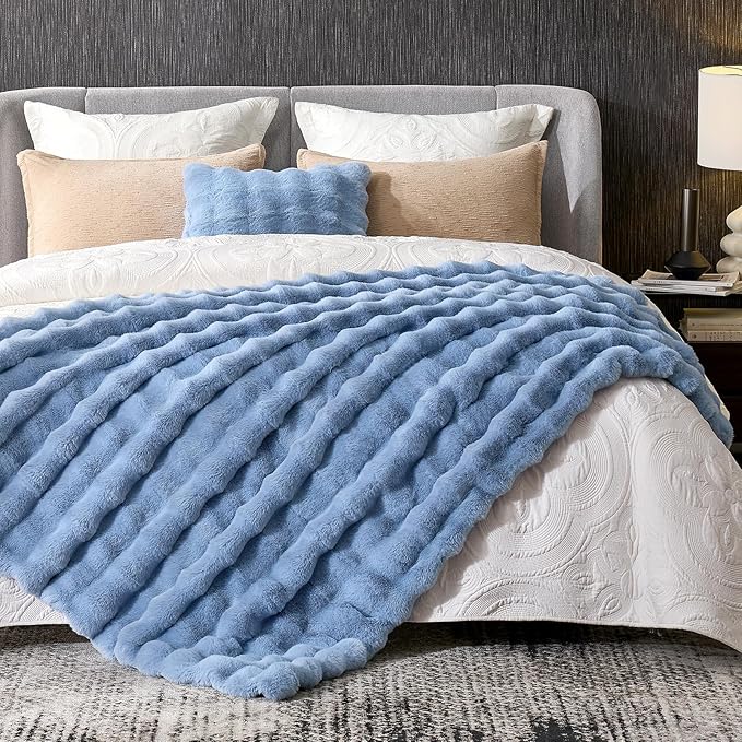 Cozy Bliss Faux Fur Bubble Throw for Couch, Fuzzy Soft Plush Thick Blanket for Sofa Bedroom Living Room, 60x80 Inches Misty Blue