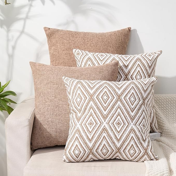 HPUK Decorative Throw Pillow Covers Set of 4 Couch Pillows Linen Cushion Cover for Couch Sofa Living Room, 18"x18" inches, Light Brown