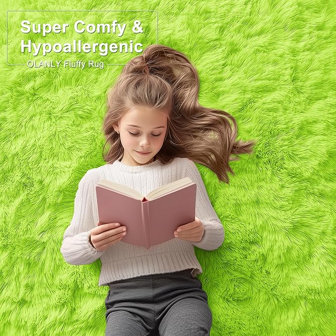 OLANLY 2x6 Machine Washable Runner Rugs for Hallway, Soft Fluffy Shaggy Bedside Rugs for Bedroom, Living Room, Indoor Floor Carpet for Kids Girls and Boys, Home Decor Aesthetic, Lime Green