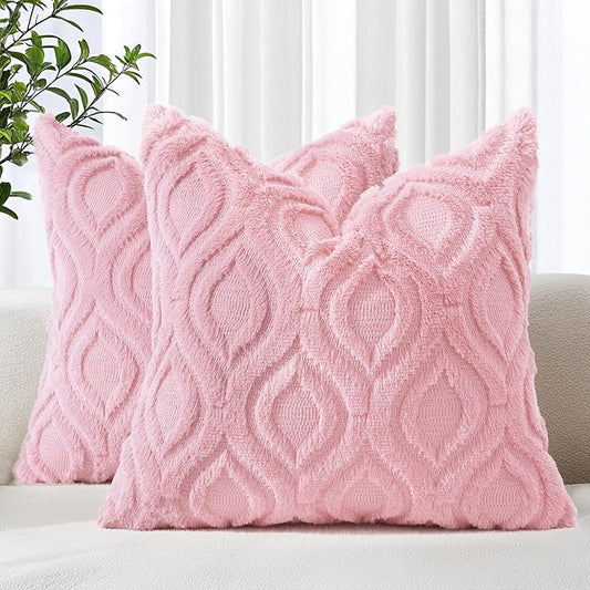decorUhome Summer Throw Pillow Covers 18x18 Inch Set of 2, Soft Plush Faux Wool Light Pink Solid Couch Pillow Covers, Accent Farmhouse Neutral Square Pillow Cases for Sofa Bed Living Room