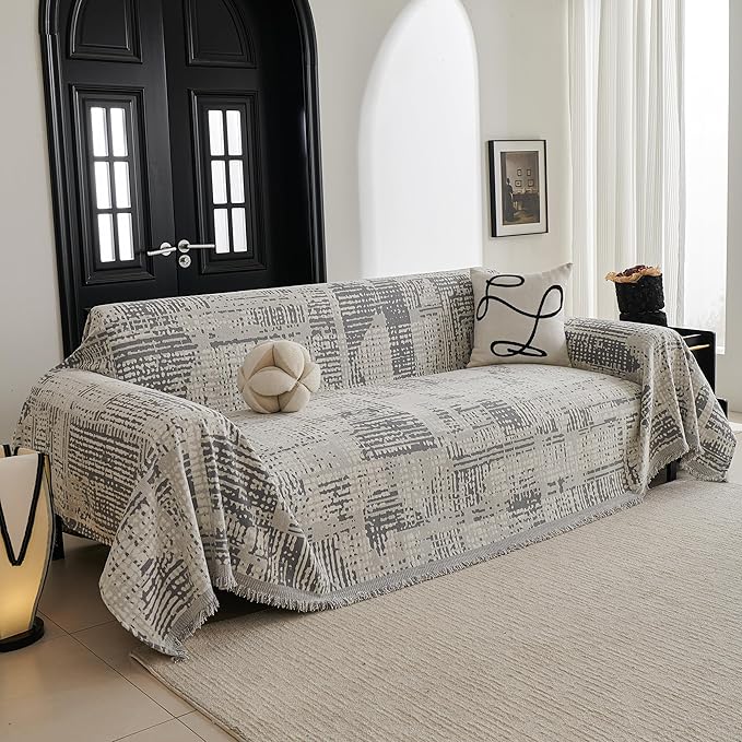 MYSKY HOME Boho Sofa Covers, Couch Covers for 2 Cushion Couch Sofa, Chenille L Shape Sectional Couch Cover, Machine Washable, Sofa Protector for Dog, Kid, 71"x118", Light Grey Artistic Gradient