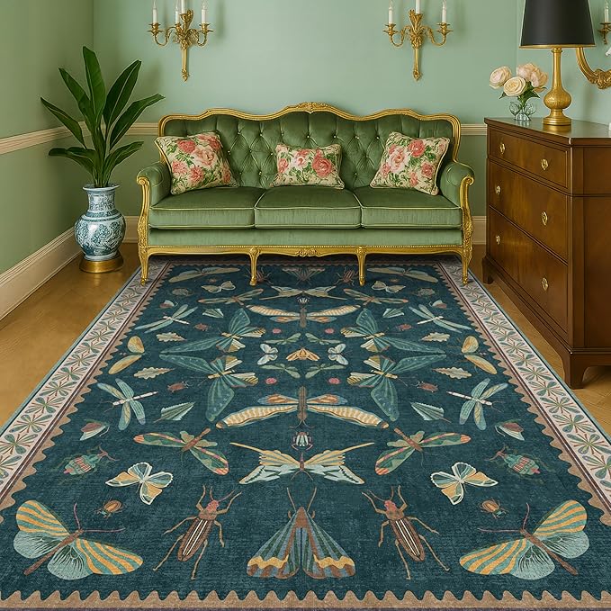 Hazo Haus Insect Teal Green 5x7 Area Rug for Living Room - Cottage Core Rug for Bedroom, Dining Room, Kids Playroom, Home Office, Floral Vintage Whimsical Butterfly Washable Non Slip Floor Décor