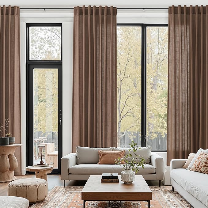 Caramel Brown Linen Curtains for Living Room 95 Inches Long Back Tab and Rod Pocket Light Filtering Semi Sheer Vintage Rustic Curtain Luxury Boho Decor Drapes for Bedroom Office 52x95, 2 Panels