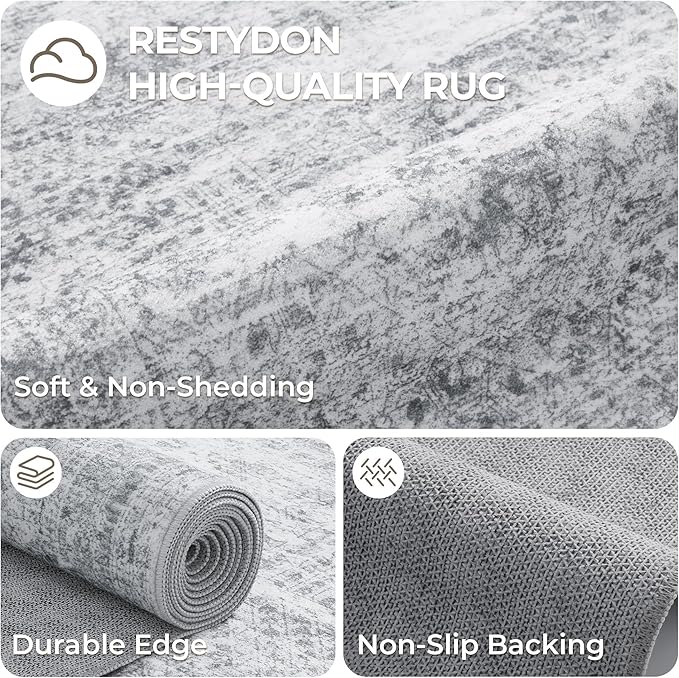 3x20 Washable Runner Rug for Hallway, Non-Slip Long Hallway Runner for Entryway, Soft Vintage Kitchen Mats for Floor, Abstract Dining Room, Bedroom, Living Room Rugs(3'x20', Grey/Ivory)