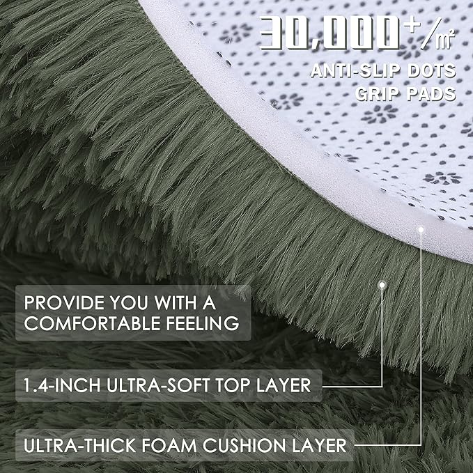 OLANLY Olive Green Round Rugs for Bedroom - Machine Washable, 7 ft Circle Area Rugs for Living Room, Soft and Fluffy Shaggy Carpet for Teen Girl and Boys, Nursery Rooms, Dorms, Home Decor Aesthetic