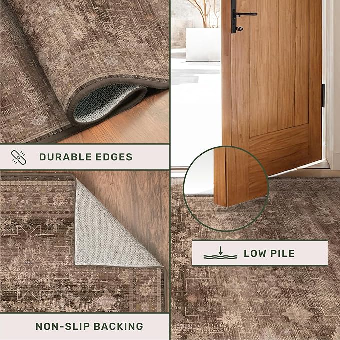 Hazo Haus Brown Earthy Boho Washable 3x10 Extra Long Hallway Runner Rug, Waterproof Large Kitchen Floor Rug Indoor, Non-Slip Stain & Fade Resistant, Vintage Dark Taupe Decor