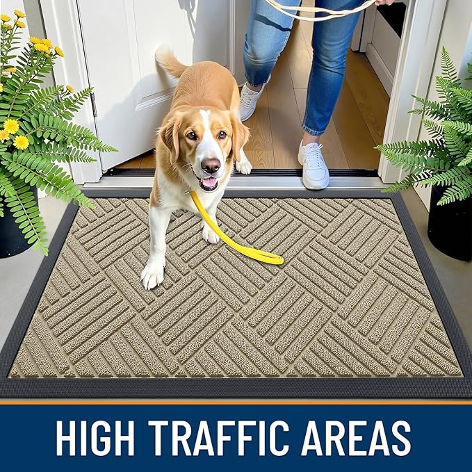 OLANLY Front Door Mat Outside Entrance 59x34, Absorbent, Heavy Duty Sturdy Natural Rubber Doormat Indoor Outdoor, Stain and Fade Resistant, Non-Slip Low Profile Floor Mat for Entryway, Beige Diamond