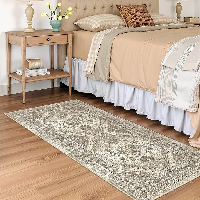 2x5 Rug Runner Washable for Entryway, Soft Bathroom Rugs with Non-Slip Backing,Vintage Low Pile Stair Runner, Small Kitchen Carpet for Hallways, Laundry Room(Brown,2'x5')