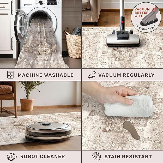 Boho Bathroom Rugs - Washable Non-Slip Soft Low Pile Area Rug for Entryway, Kitchen, and Indoor Spaces - Modern Farmhouse Design, Perfect for Boho Décor (2x3 Beige/Latte)