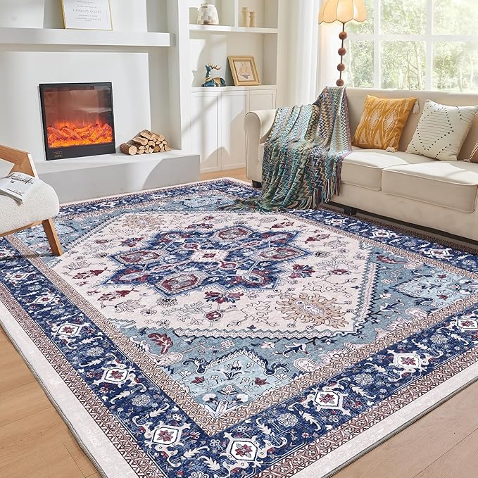 OPPODREAM Soft Area Rugs 9x12 Living Room, Washable Rugs 9x12 with Non Slip Backing, Faux Cashmere Low-Pile 9 x 12 Carpet, Navy Blue & Red & Cream