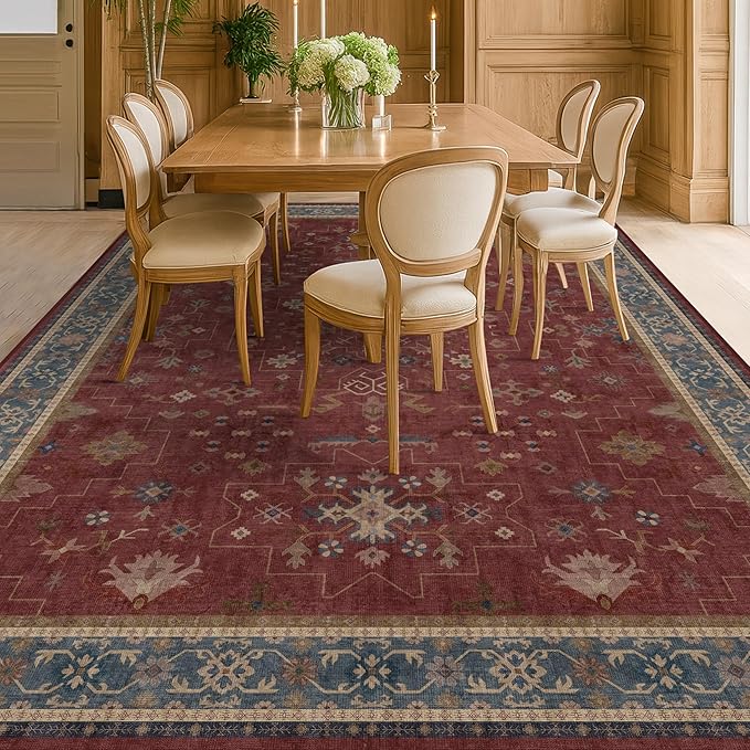 Hazo Haus Moroccan Big Rugs for Living Room - Dark Red 10x12 Area Rug for Large Bedroom, Dining Room, Washable Lightweight Foldable Oriental Burgendy Home Décor