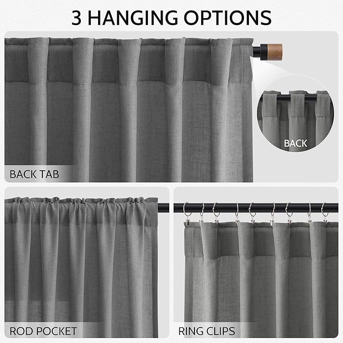 Nanspring Blazer Grey Curtain Linen Blend Light Filtering Back Tab Curtains 96 Inches Long, Semi Sheer Privacy Drapes for Living Room & Bedroom, 52x96 inch, 2 Panels