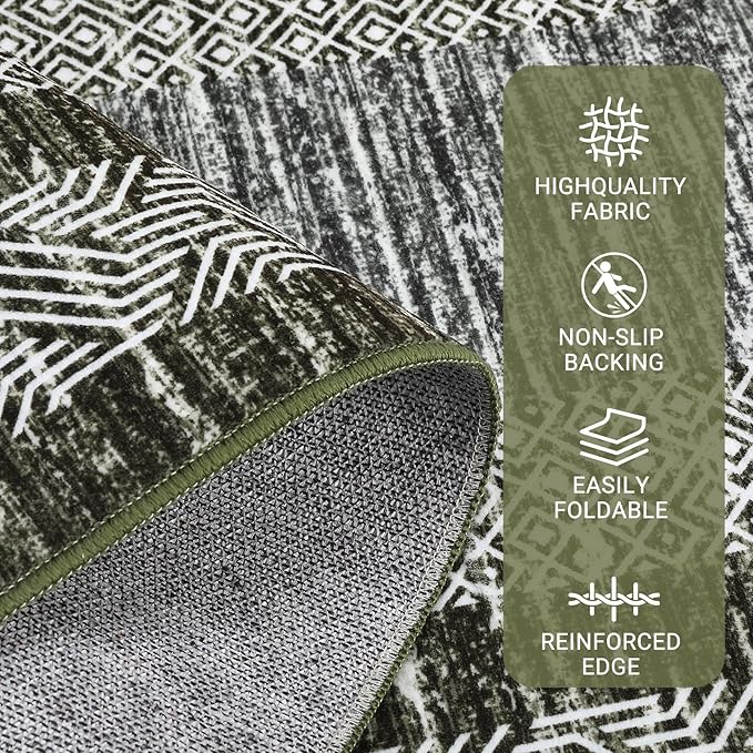 GarveeHome 10x13 Large Washable Geometric Area Rug Non Slip Non Shedding Floor Carpet, Modern Bordered Distressed Green Indoor Printed Rug for Living Room, Bedroom, Office