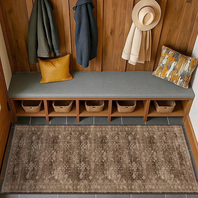Brown Boho Washable 2x6 Runner Rugs for Hallway Kitchen Bedroom Beside Laundry Room Bathroom Rug, Pet & Kids Friendly, Non Slip Low Pile Stain Resistant Soft Faux Wool Long 24 x 72 Floor Carpet