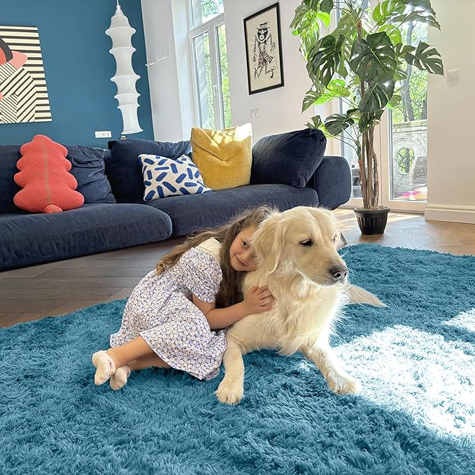OLANLY 9x12 Machine Washable Large Area Rugs for Living Room, Bedroom, Soft Fluffy Shaggy Bedside Rug, Indoor Floor Carpet for Kids Girls and Boys, Dorms, Nursery, Home Decor Aesthetic, Slate Blue