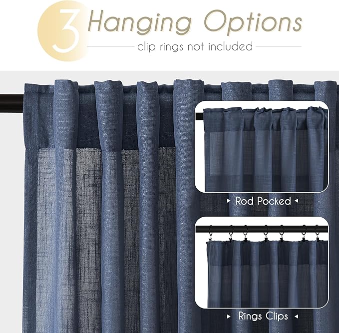 Navy Blue Curtains 120 inch Length for Bedroom Back Tab Light Filtering Semi Sheer Blue Living Room Curtains Linen Cotton Textured Indigo Blue Drapery Panel Modern Aesthetic Decor 42" Wx120" L
