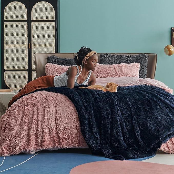 Bedsure GentleSoft Fluffy Navy Blue Blankets Queen Size for Bed, Thick Sherpa Fleece Faux Fur Fuzzy Plush Winter Warm Soft Full Queen Blankets, Bedroom Decor Blue Gifts for Women Men, 90x90