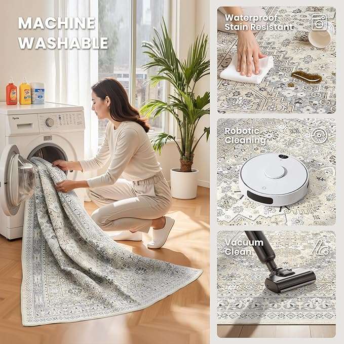 zesthome 8x10 Area Rugs for Living Room,Non-Slip Backing Washable Rugs,Vintage Large Area Rug，Stain Resistant Home Decor Rug (Beige,8'x10')