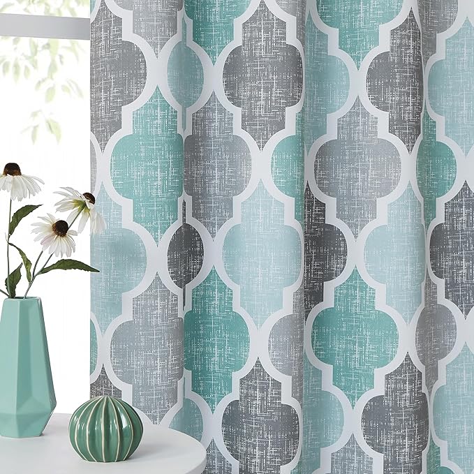 Beauoop 100% Blackout Curtains 84 Inches Long 2 Panels for Bedroom Living Room Aqua Grey Moroccan Geo Room Darkening Thermal Insulated Soundproof Grommet Top Window Treatments Drapes, 50x84 Set of 2