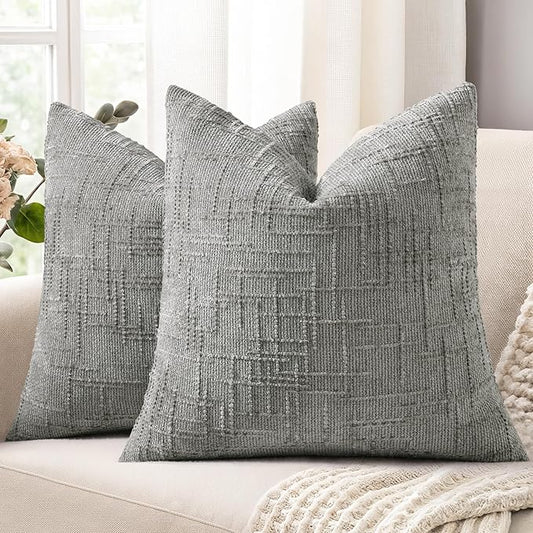 decorUhome Neutral Grey Chenille Throw Pillow Covers 16x16 Set of 2 Textured Soft Cozy Slubby Couch Pillow Covers Modern Farmhouse Boho Decorative Pillow Cases for Bed Sofa Living Room