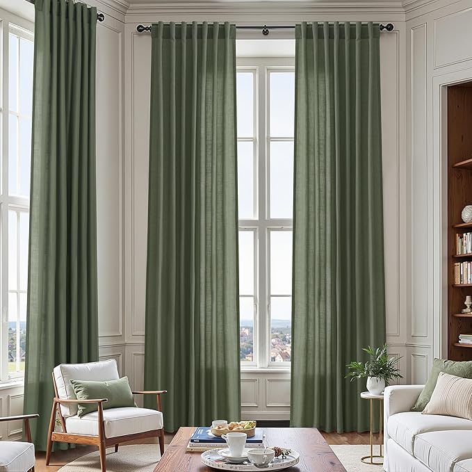 Nanspring Olive Green Linen Blend Semi Sheer Curtains 102 Inches Long x 60 Inches Wide, 2 Panel Set Back Tab Privacy Filtered and Breathable Extended Curtain for Bedroom Living Room 60x102