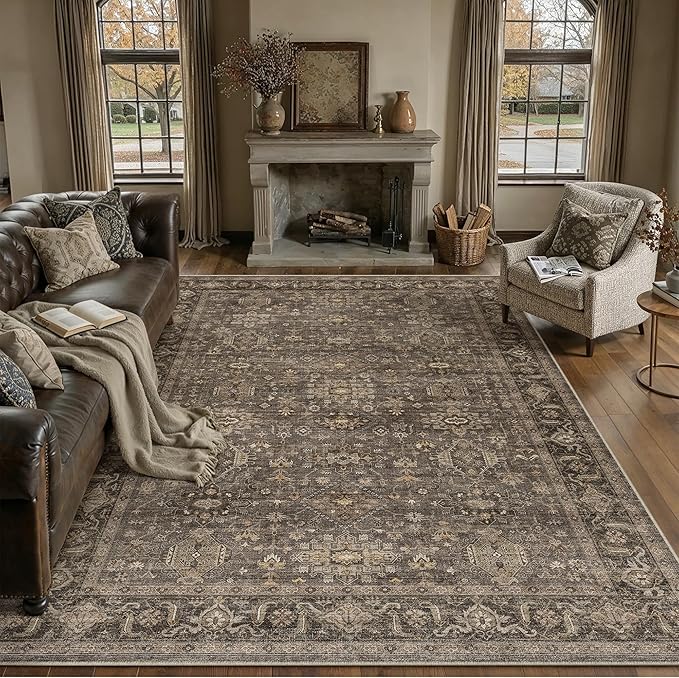 10x12 Washable Area Rug for Living Room Bedroom Vintage Brown Non Slip Carpet Traditional Retro Soft Low Pile Large Throw Rug for Dining Room Kitchen Office Indoor