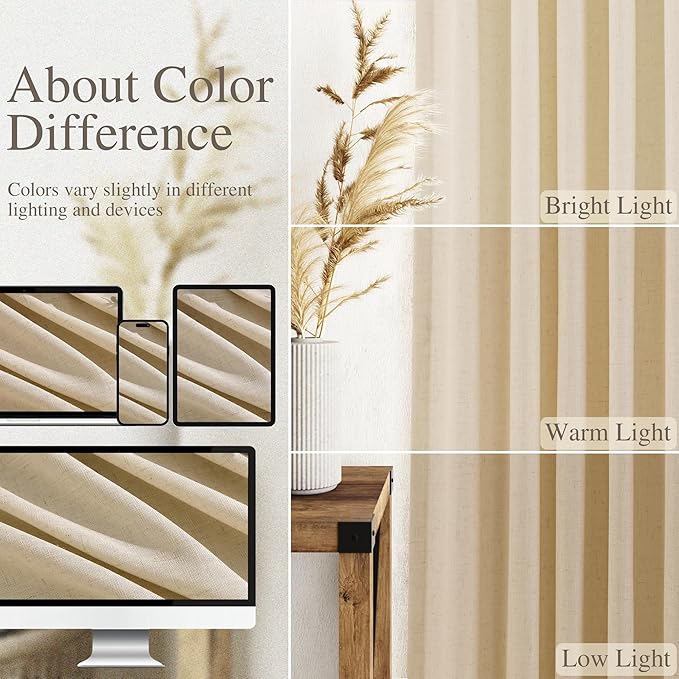 Tan Linen Curtains 90 Inch for Living Room Rod Pocket Back Tab Window Drapes Light Filtering Vintage Style Modern Farmhouse Curtain for Dining Room Bedroom 52x90,2 Panels