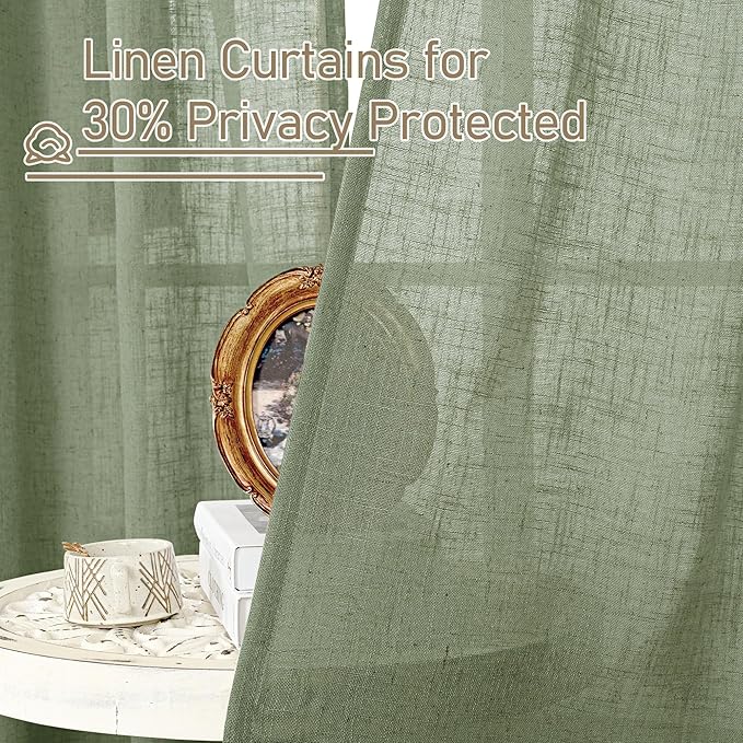 LAMIT Sage Green Semi Sheer Window Linen Curtains, 54 Inch Length Light Filtering Panels Back Tab and Rod Pocket Neutral Drapes for Bedroom/Living Room, 2 Panels, 34 x 54 Inch