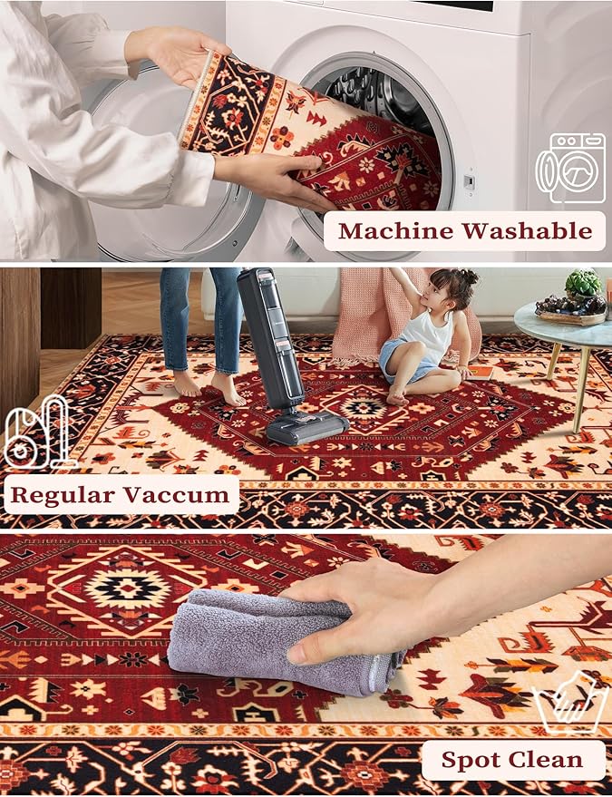 SERISSA Runner Rug for Hallways, 2'6"x10' Washable Non Slip Kitchen Runner Rug, Long Boho Rug Vintage Red Black Hallway Stair Ultra Soft Print Floor Carpet for Bedroom Bathroom Laundry Room