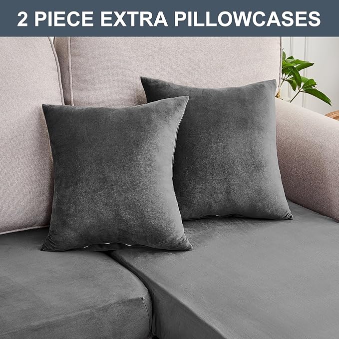 Couch Cover 3-Piece Elastic Velvet Couch Cushion Covers & Chaise Slipcovers for L-Shaped Sofas - Sofa Seat Covers Washable, Soft Protector for Couches (2 Seater + Chaise, Grey)