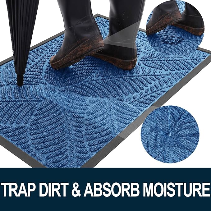 Colorxy Waterproof Doormat, Sturdy Natural Rubber Front Door Mats, Non Slip Low Profile Indoor Outdoor Entrance Mat, Stain Resistant Easy Clean Floor Mat for Patio or Entryway, 48''x32'', Light Blue