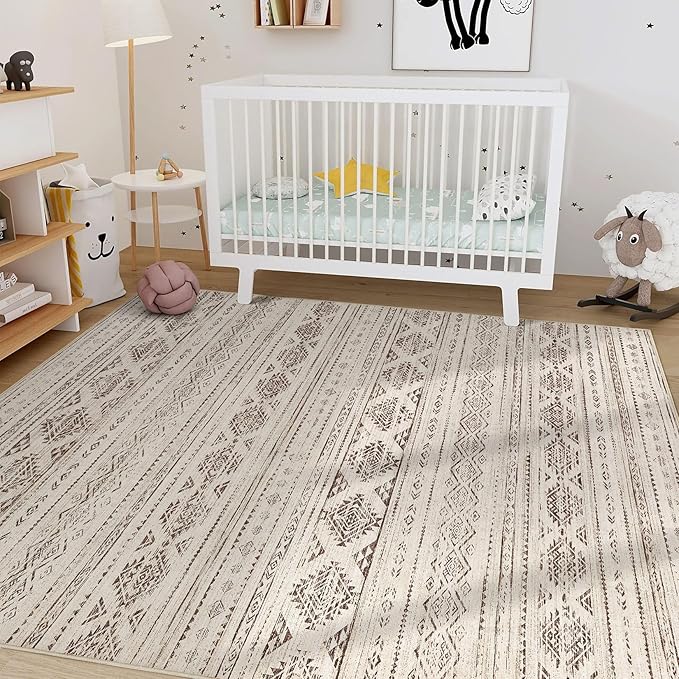 Nakagishi 10x12 Area Rugs Living Room: Washable Boho Large Neutral Soft Farmhouse Rug Stain Resistant Modern Moroccan Non-Slip Indoor Carpet for Bedroom Nursery Kids Office Dining Room - Dark Brown