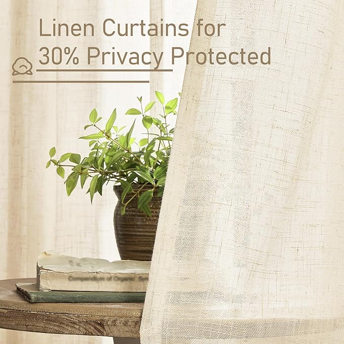 LAMIT Faux Linen Curtains 63 inches Long for Bedroom, Back Tab and Rod Pocket Linen Drapes Light Filtering Sheer Window Curtains for Living Room, Set of 2 Panels (52 x 63 Inch, Beige)