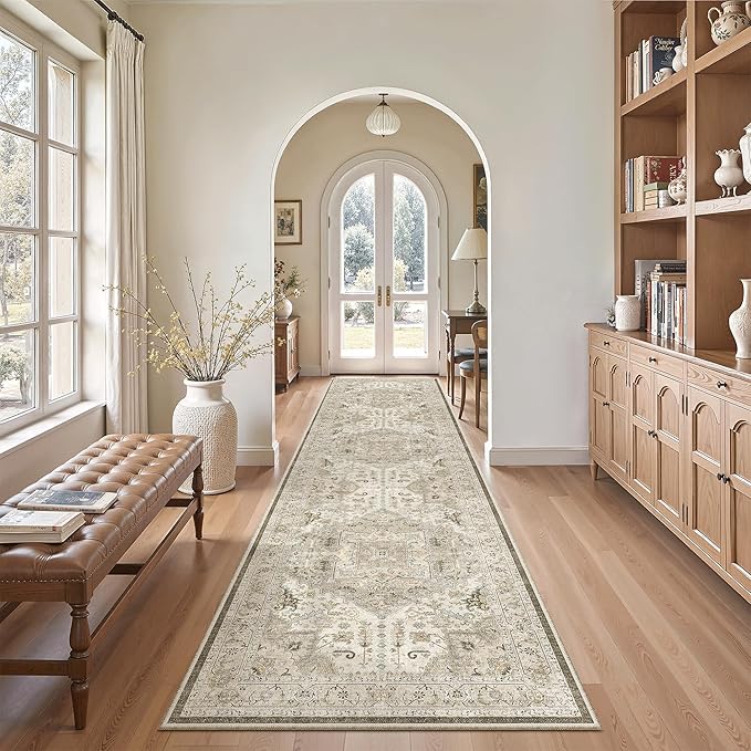 Madane Hallway Runner Rug 2'6''x10' Kitchen Runner, Non Slip Vintage Runners for Hallways Washable Kitchen Rugs Soft Low Pile 2.5x10 ft Rug Runner for Laundry Room, Entryway and Bedroom, Ivory/Brown