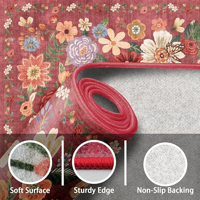 Floral Hallway Runner Carpet Non-Slip, 2x10 Washable Rug Ultra-Thin Soft for Hallways, Kitchen Mat Stain Resistant for Entryway Bathroom (2 x 10, Red Garden)