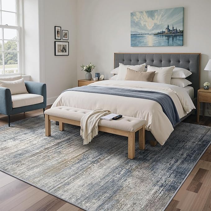 Area Rugs 8x10 for Living Room Bedroom, Modern Abstract Machine Washable Rug, Large Soft Low Pile Floor Carpet with Non Slip Backing for Dining Room, Denim Blue/Taupe