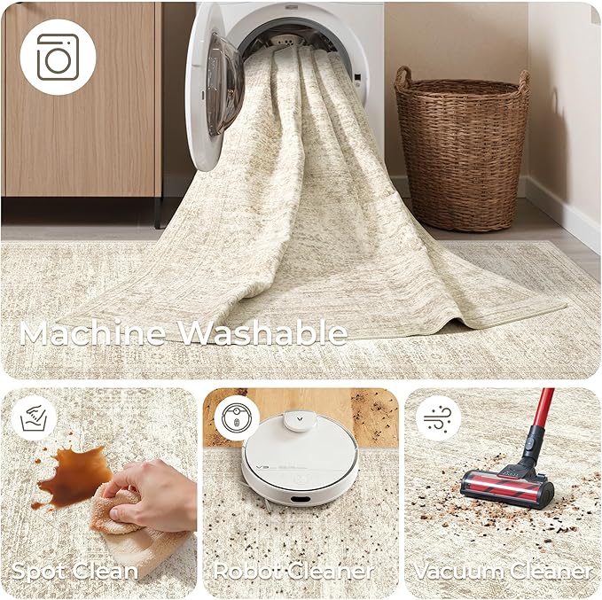 3x18 Washable Runner Rug for Hallway, Non-Slip Long Hallway Runner for Entryway, Soft Vintage Kitchen Mats for Floor, Abstract Dining Room, Bedroom, Living Room Rugs(3'x18', Beige/Ivory)
