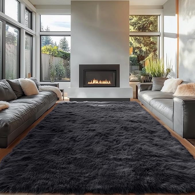 OLANLY 6x11 Machine Washable Large Area Rugs for Living Room, Bedroom, Soft Fluffy Shaggy Bedside Rug, Indoor Floor Carpet for Kids Girls and Boys, Dorms, Nursery, Home Decor Aesthetic, Black