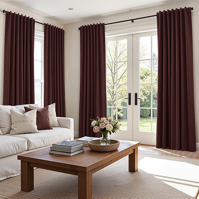 Guken 100% Blackout Curtains 102 Inch Length 2 Panels Set for Living Room Bedroom Back Tab Thermal Insulated Black Out Linen Drapes Room Darkening Reddish Brown,52x102