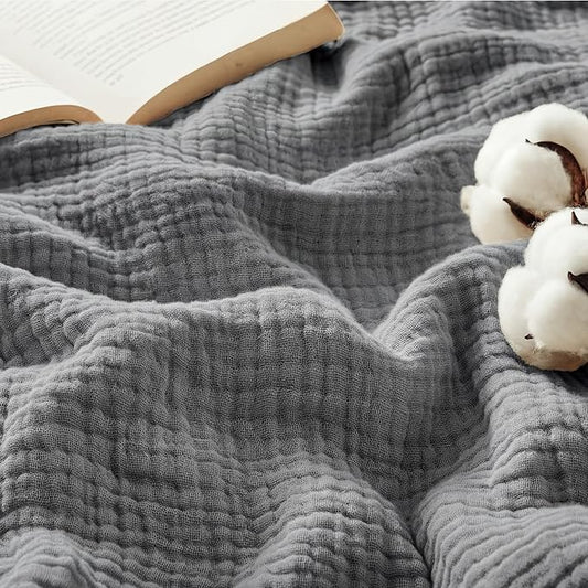 Bedsure 100% Cotton Muslin Blanket Queen Size for Bed - 4-Layer Breathable and Lightweight Thin Soft Summer Gauze Muslin Blankets for Adults, Grey, 90x90 Inches