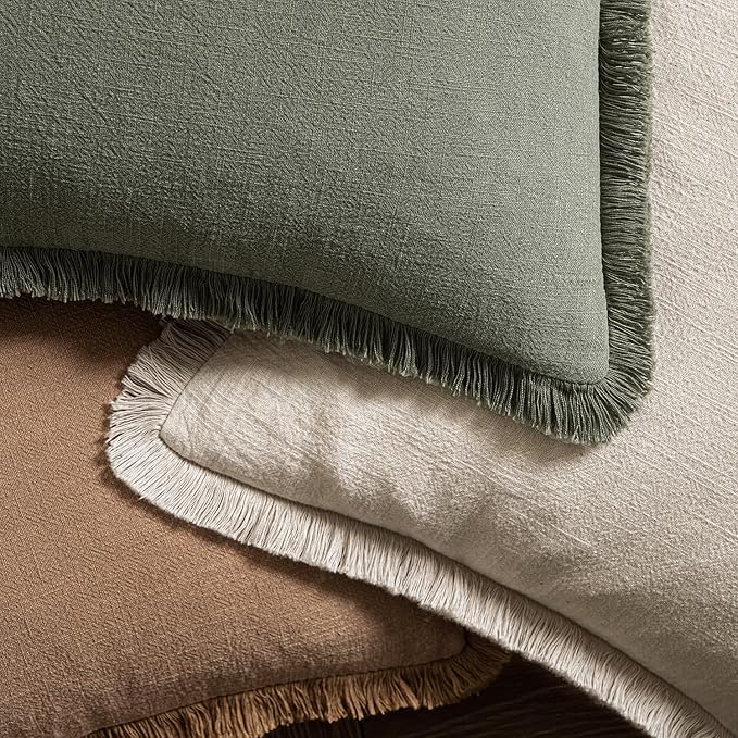 MIULEE Decorative Throw Pillow Covers Neutral Linen Fringe Throw Pillows Set of 2 Light Olive Green Boho Farmhouse Cushion Covers for Couch Sofa Bed Living Room Spring Home Decor 18x18 Inch