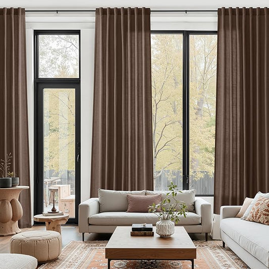 Cappuccino Linen Curtains 132 Inch Length for Living Room Light Filtering Semi Sheer Curtain Back Tab Modern Rustic Home Decor Neutral Drapes Floor to Ceiling High Window for Bedroom 52x132, 2 Panels