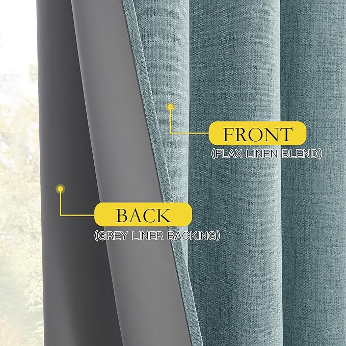 NICETOWN 100% Absolutely Blackout Linen Curtains with Thermal Insulated White Liner, Skylark Blue, 42" Wide, 63" Length Energy Saving Curtains for Small Window 2 Panels Set, Vertical Blinds