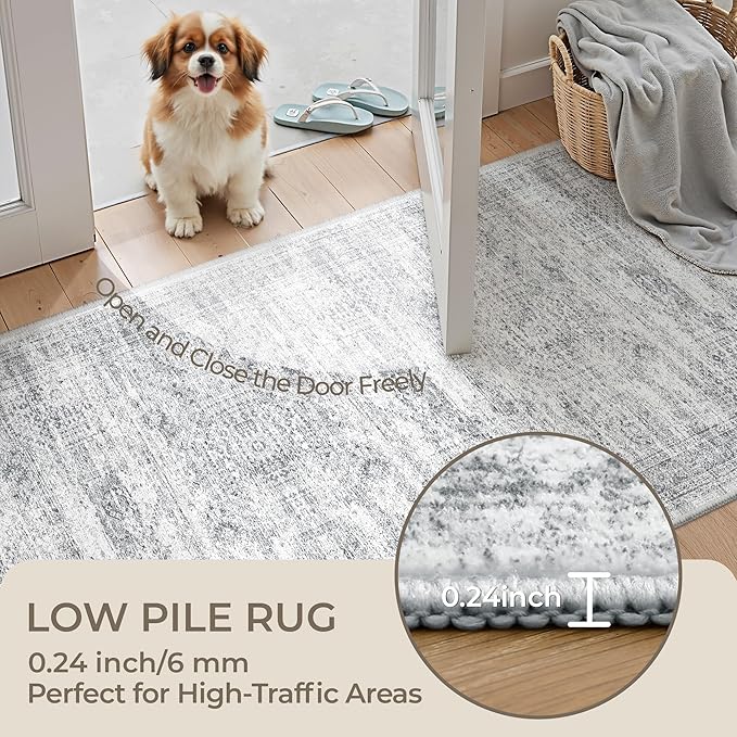 8x10 Area Rugs for Living Room, Non-Slip Backing Large Washable Rug for Nursery Room, Vintage Abstract Bedroom Rugs, Thin Indoor Home Decor Soft Farmhouse Rug (8'x10', Grey/Ivory)