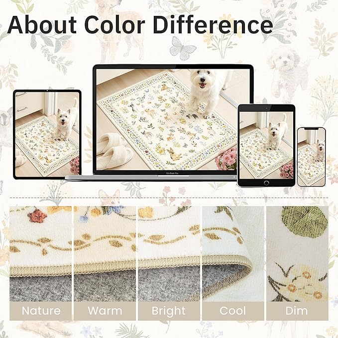 Dog 6x9 Area Rugs for Living Room, Machine Washable Animal Floral Vintage Rug Non-Slip Low Pile Soft Throw Rugs for Bedroom Dining Room Kitchen Nursery Playroom (6 x 9,Beige)