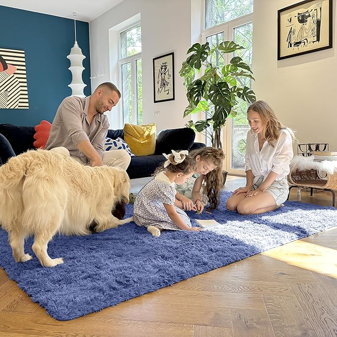 OLANLY 3x5 Machine Washable Small Bedside Rug, Soft Fluffy Shaggy Rugs for Living Room, Bedroom, Indoor Floor Carpet for Kids Girls and Boys, Preppy Dorms, Nursery, Home Decor Aesthetic, Denim Blue