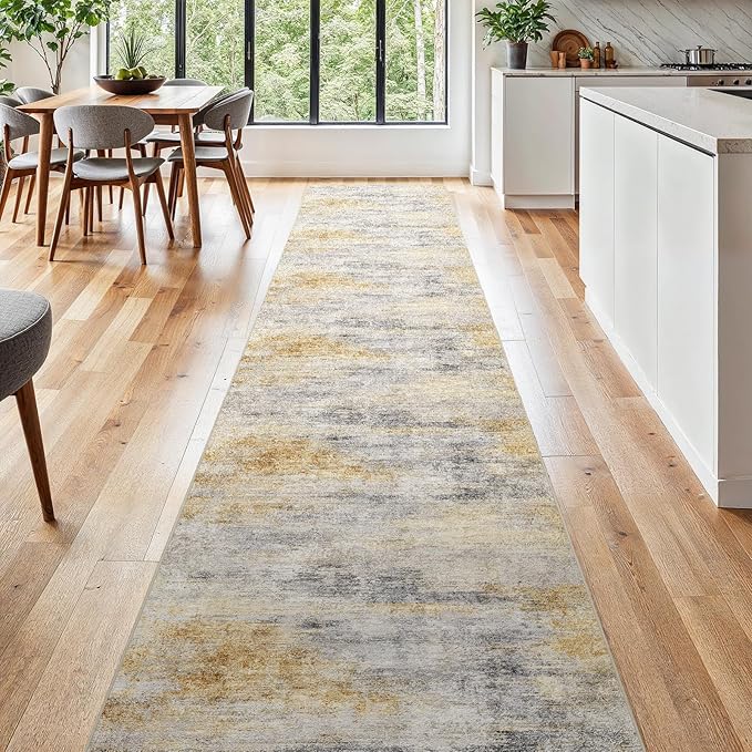 2'6''x16' Washable Kitchen Runner Rug: Modern Abstract Runners for Hallway Soft Non Slip Rugs with Rubber Backing Low Pile Thin Floor Carpet for Entryway Bedroom Bathroom Indoor(Grey/Yellow,2'6''x16')
