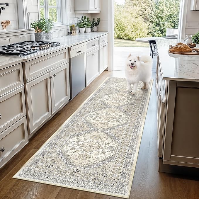 Entryway Rug - 2x3 Washable Rug Runner for Bathroom, Laundry Room, Kitchen, Soft Vintage Hallway Runner for Bedroom, Non-Slip Door Mat Indoor Entrance(Beige,2'x3')