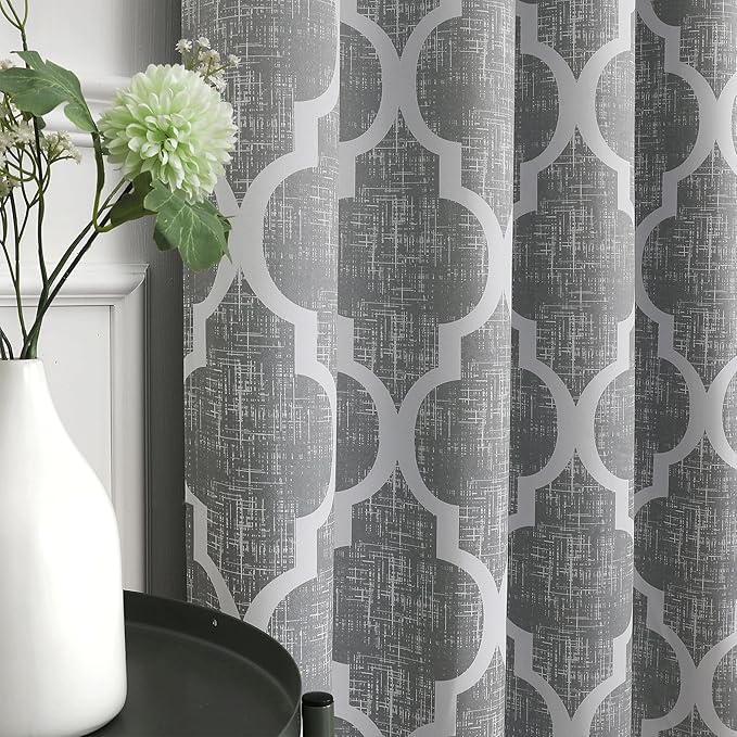 Beauoop 100% Blackout Curtains 45 Inches Long 2 Panels for Bedroom Living Room Grey Moroccan Geo Room Darkening Thermal Insulated Soundproof Grommet Top Window Treatments Drapes, 50x45 Set of 2